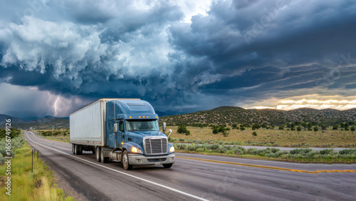 Large blue semi-truck driving on an empty highway under dramatic stormy skies with dark clouds and lightning illuminating the landscape, showcasing transportation and adventure