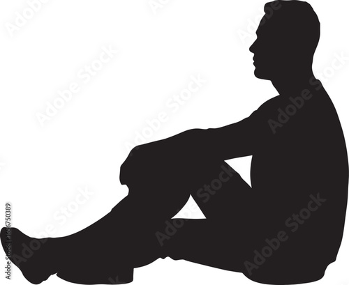 Silhouette of a thoughtful person in profile, sitting and reflecting. Perfect for concepts like meditation, solitude, contemplation, and introspection. Men isolated on white background.