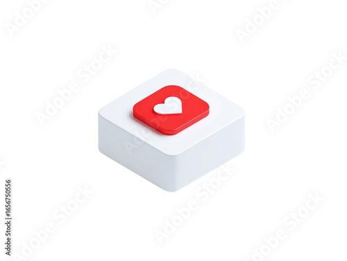 A 3D isometric square button with a red heart icon
