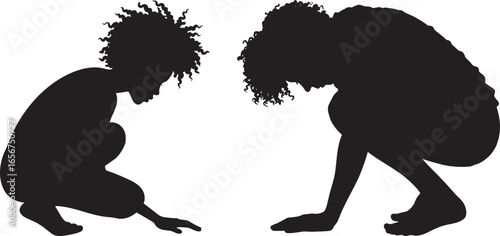 A silhouette of two people in crouched positions, showing deep focus and curiosity, ideal for concepts of exploration, mindfulness, or introspection. Person isolated on white background.