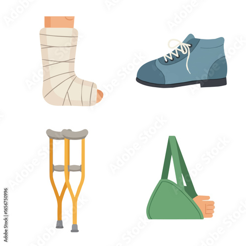 Bone fracture medical collection graphic, vector and illustration for Medical designs and illustration. Casts. hiking shoe, arm sling and crutches