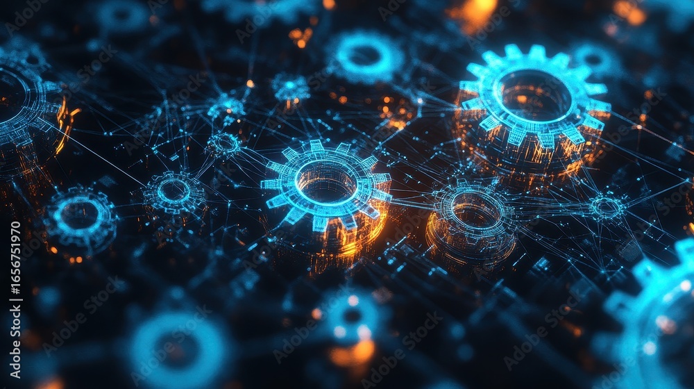 Obraz premium Neon network of connected gears floating in dark void, symbolizing AI driven business automation.