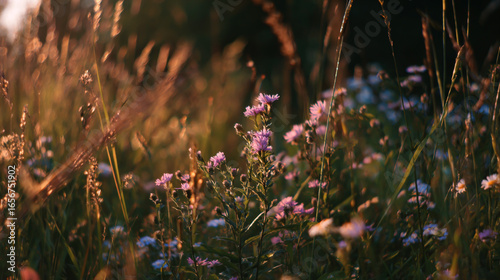 Serene Meadow Scene Featuring Delicate Purple Flowers and Golden Hour Sunlight Casting Warm Tones Across Tall Grasses