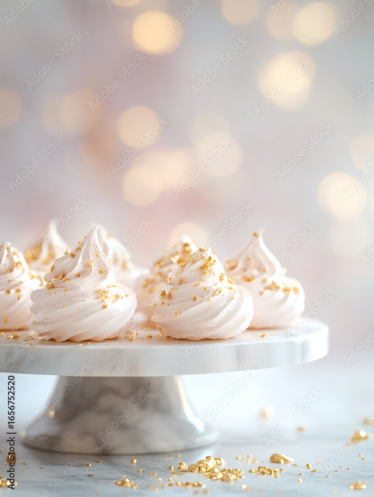 Fototapeta premium Rosewater meringue nests with edible gold flakes on marble stand