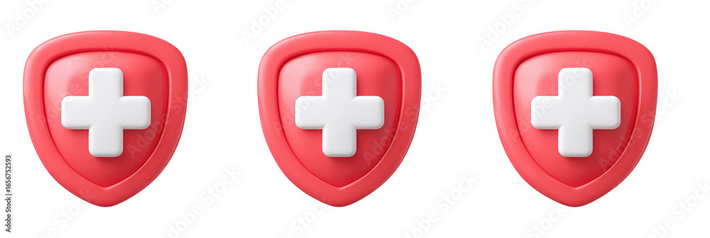 Obraz premium Three 3D renderings of stylized red medical protection symbols