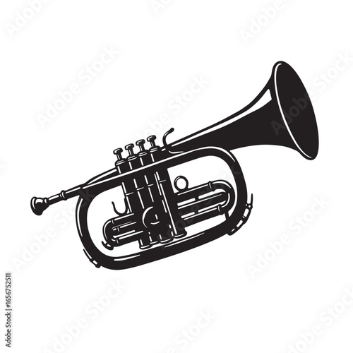 Elegant black and white illustration of a professional brass instrument on a white background