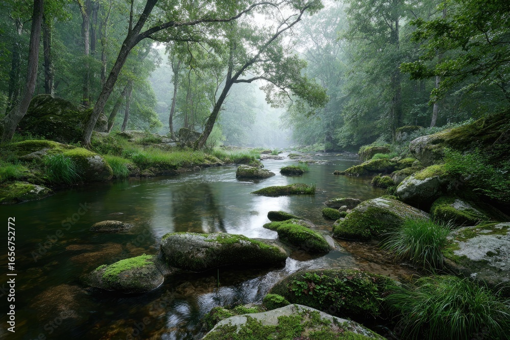 Naklejka premium Misty river flowing through a lush forest