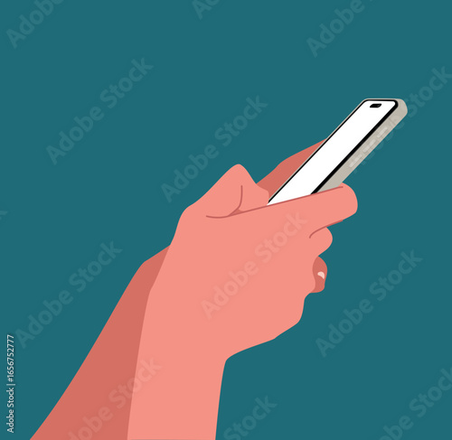Hands using a smartphone with blank screen isolated on background Flat vector illustration. People chat, business time, using mobile apps, Contactless pay. Fingers touching, tapping, scrolling.