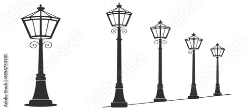 Collection of diverse street lamp post silhouettes in various styles