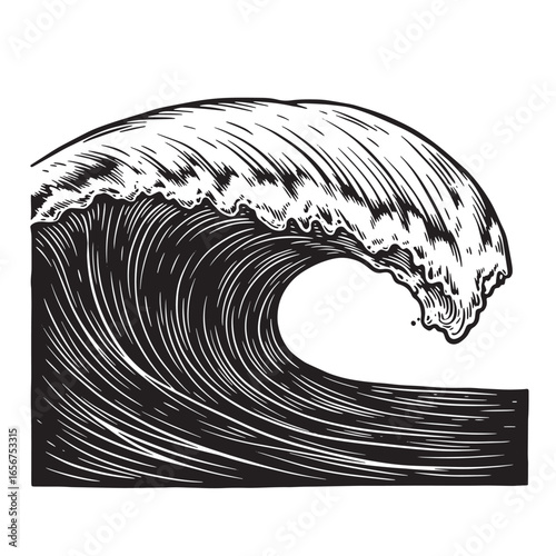 Engraved black and white ocean wave illustration showing the crashing of a powerful water mass