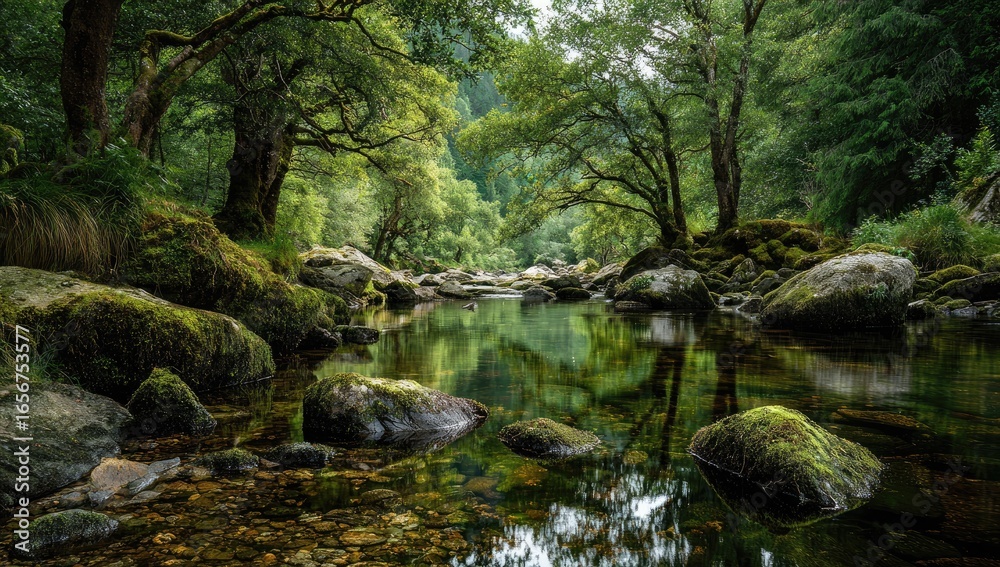 Obraz premium Serene river flowing through lush forest