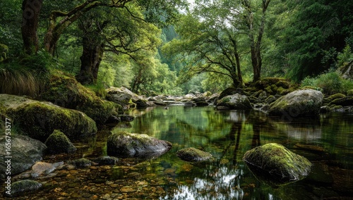 Serene river flowing through lush forest