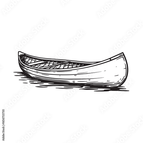 Hand drawn illustration of a classic canoe floating on calm water perfect for outdoors.