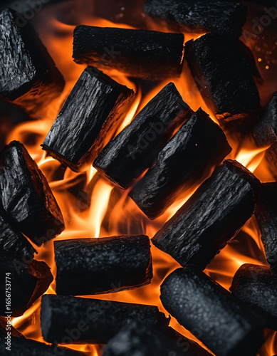 black coal with beautiful red fire