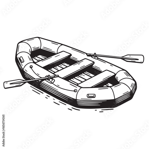 Hand drawn illustration of a rubber raft with paddles for recreational water activities