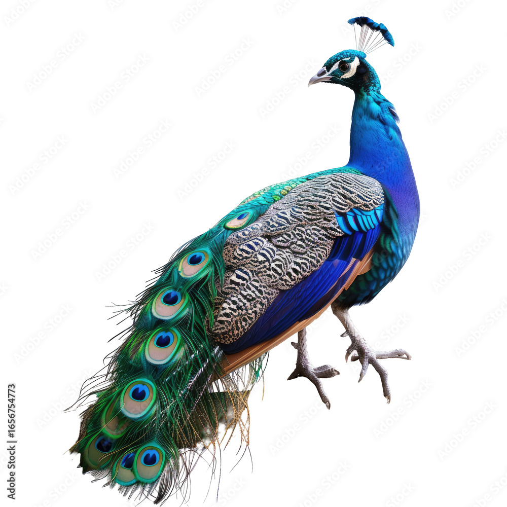 Obraz premium Stunning peacock with vibrant blue, green, and teal feathers. Displays regal stance