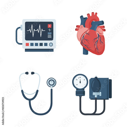 Medical Equipment and Science vector Graphic -Heart , EKG, blood pressure and medical object for healtcare with vector graphics