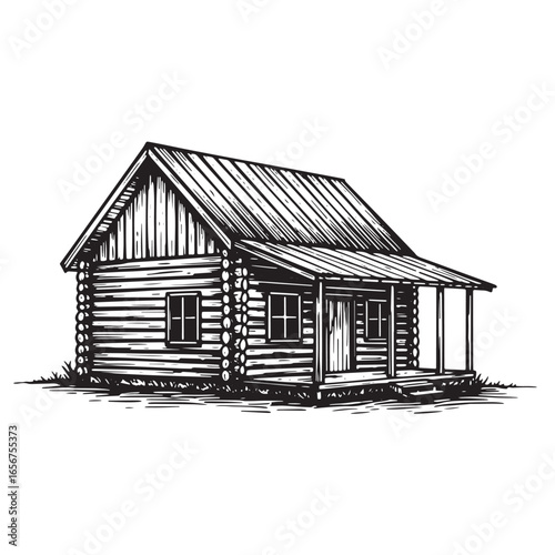 Hand-drawn black and white illustration of a rustic log cabin with a porch and small windows