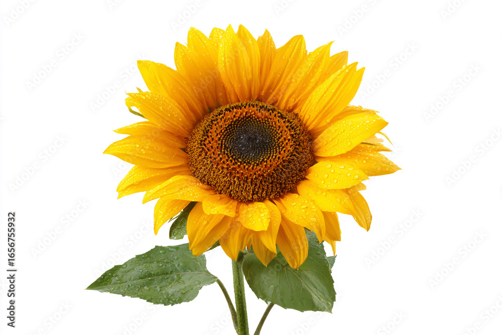 Obraz premium Vibrant Sunflower Bloom with Water Droplets on a Clean White Background Symbolizing Freshness and Summer Joy