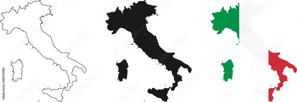 Italy map icon set. Italy map signs - outline, solid and Italian national flag