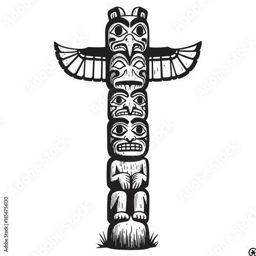 Intricate black and white illustration of a traditional totem pole depicting tribal art