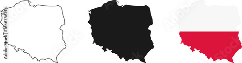 Poland map icon set. Poland map signs - outline, solid and Polish national flag