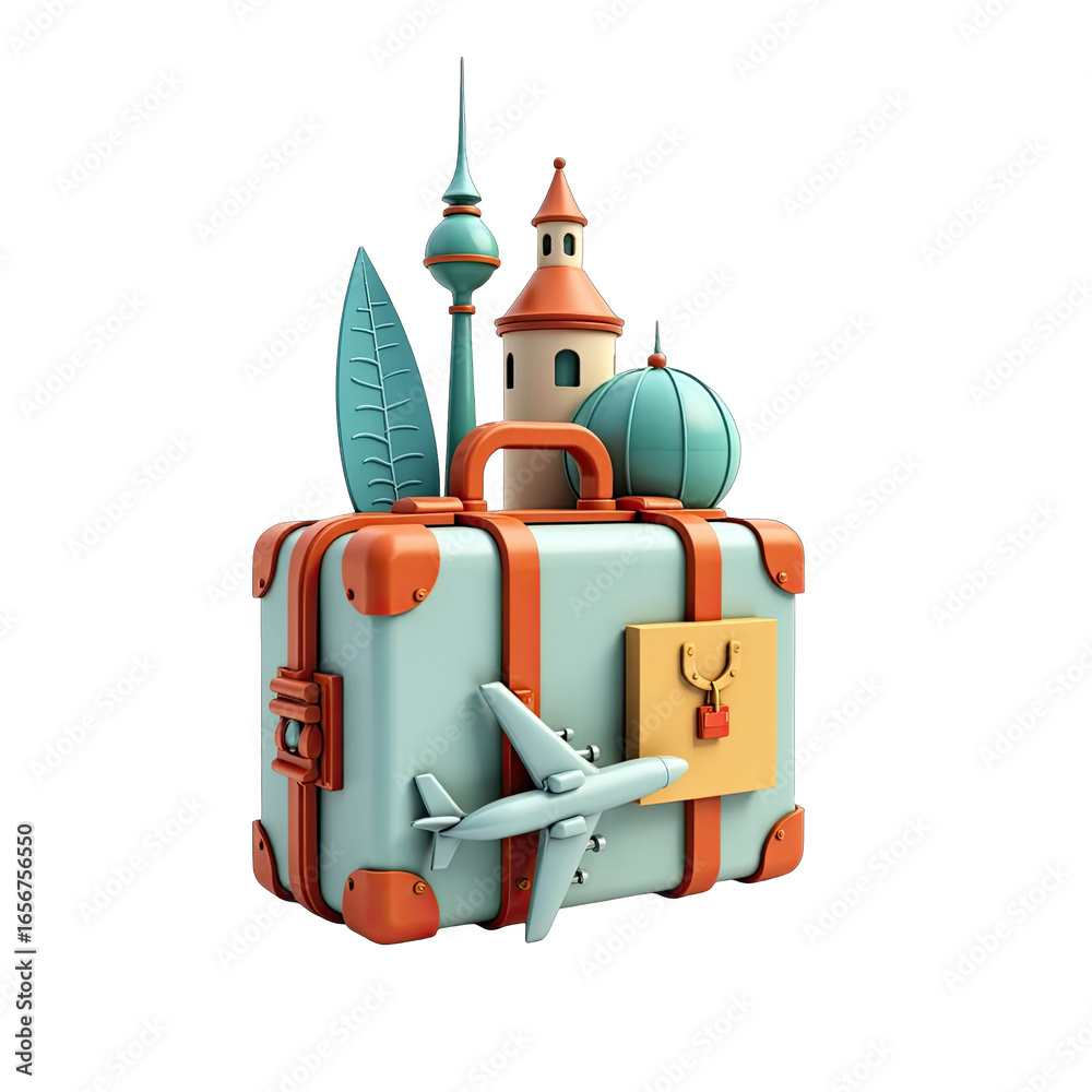 Naklejka premium A vintage suitcase decorated with travel elements.