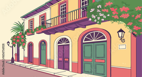 Vibrant caribbean facade with tropical flowers and architectural details