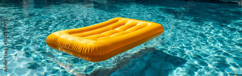 Vibrant Yellow Inflatable Mattress Floating on Sparkling Blue Swimming Pool Water a Summer Relaxation Scene