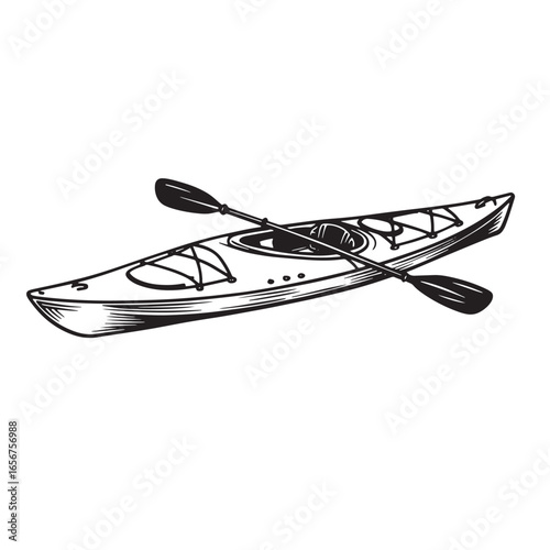 Line art illustration of a kayak with oars for recreational water sports activities