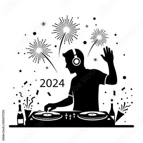 New year party dj silhouette with fireworks and confetti celebrating the year of twenty twenty four