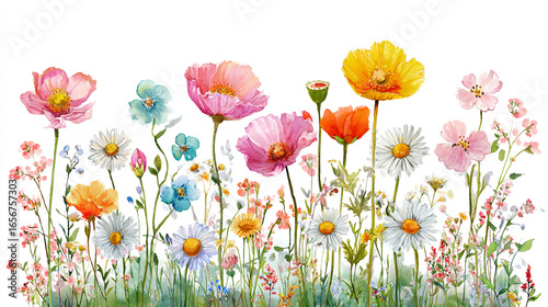 Watercolor Wildflower Meadow with Daisies and Poppies Blooming in Pastel Hues Against White Backdrop for Spring and Summer Designs