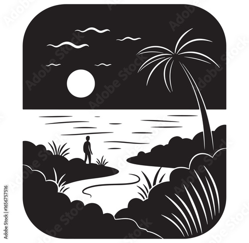 Black and white tropical beach landscape with silhouette of a person and palm tree