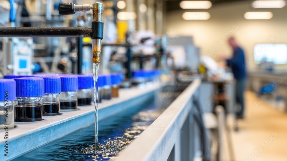 Laboratory scene showcasing flowing water over a series of sample containers, with a technician working in the background Laboratory scene showcasing flowing water over a series of sample containers, with a technician working in the background