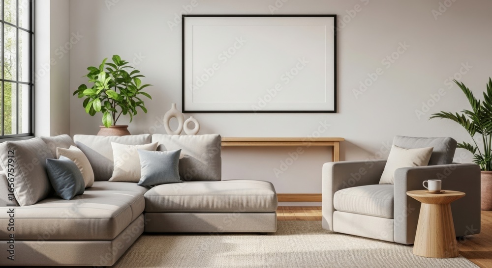 Fototapeta premium Modern living room with sectional sofa and empty frame above console table