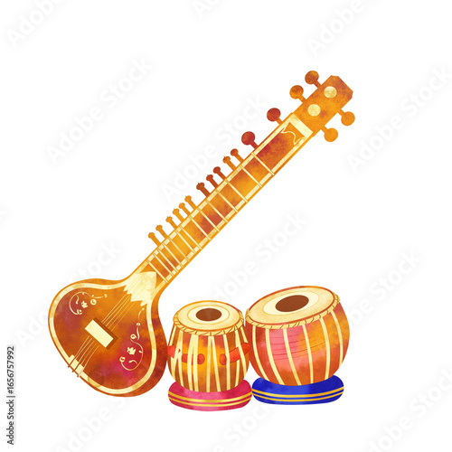 A watercolor painting of a sitar and tabla, classic instruments for cultural event posters and music blogs. Transparent Background, Cutout