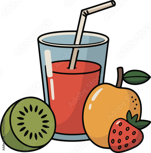 Glass of fresh fruit juice with apple orange and tomato in a cup with straw