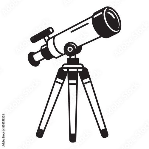 Elegant black and white illustration of a detailed astronomical telescope on tripod