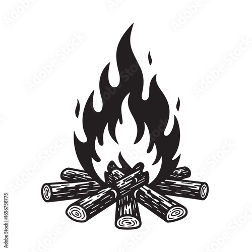 Stylized black and white illustration of a campfire burning with flames and wood