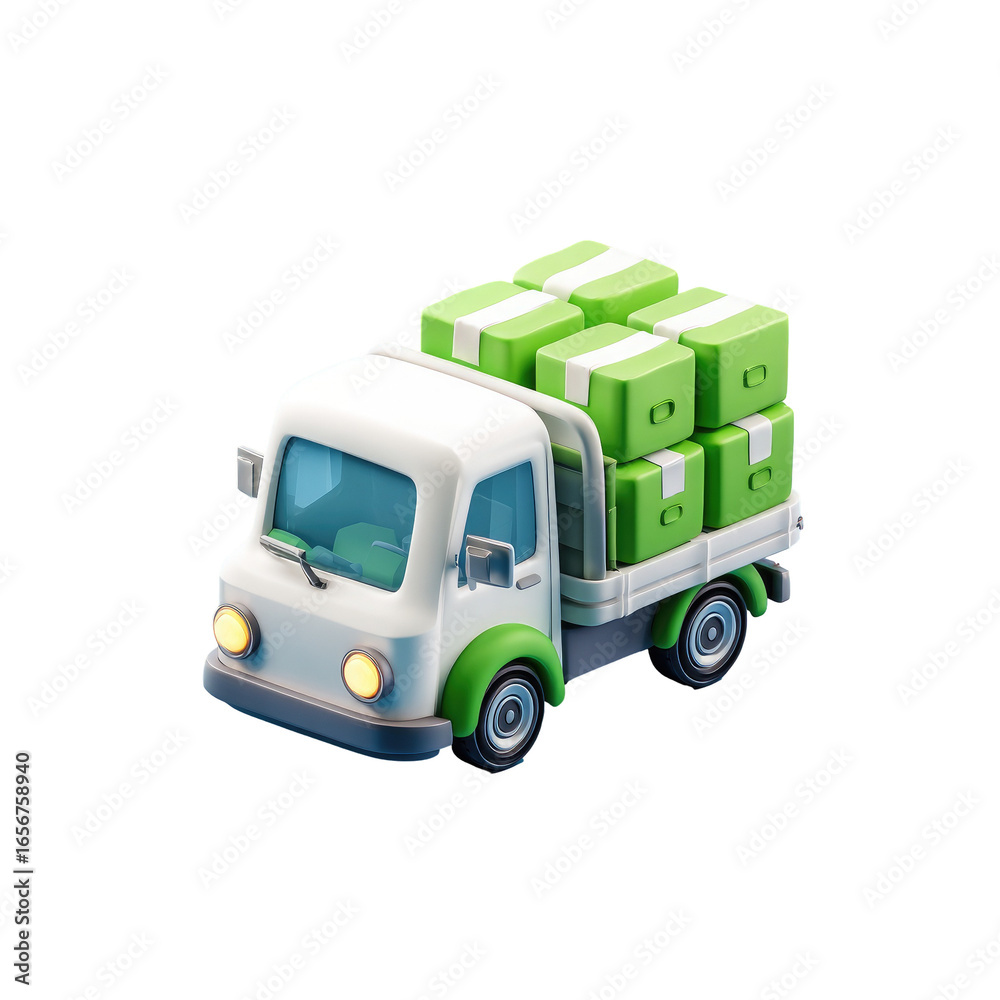 Fototapeta premium Cartoonish white truck with a green bed carrying stacked boxes of money