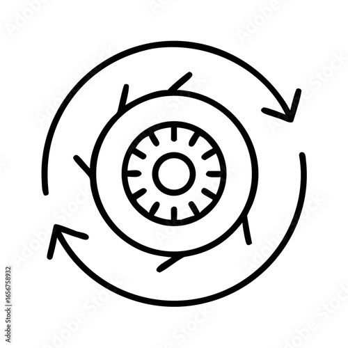 Automotive Print UI Icons. Tire rotation symbol with circular arrows illustrating process  
