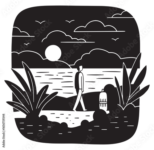 Silhouette of a person walking by the water at dusk in a minimalist black and white illustration