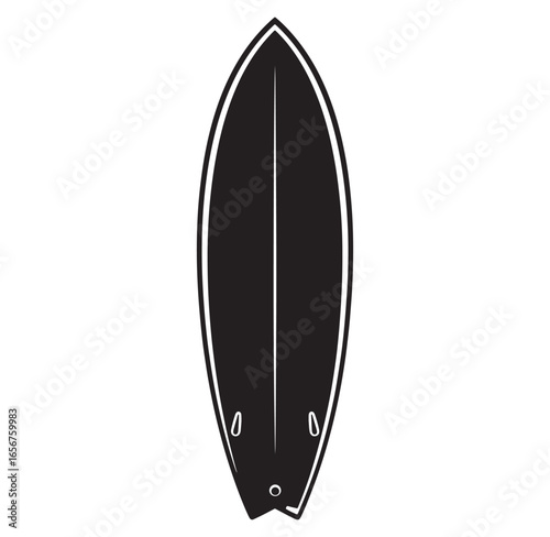 Simple black and white illustration of a modern surfboard for summer sport design