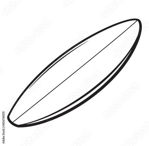 Simple black and white line art illustration of a classic surfboard shape