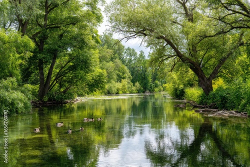 Serene River Scene in Lush Green Forest