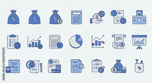 Minimalist blue and white finance icons including money bag, calculator, pie chart, income, expenses, and revenue for financial planning