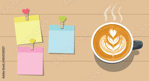 Coffee break notes latte art sticky notes on wood