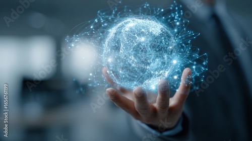 Glowing sphere held in hand of suited person, against blurred background