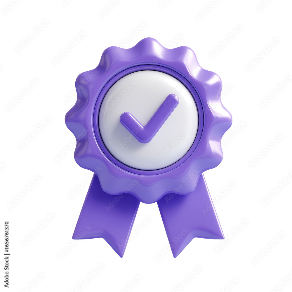 A 3D rendered, purple award badge with a white checkmark. The badge is a rosette shape with a ribbon A 3D rendered, purple award badge with a white checkmark. The badge is a rosette shape with a ribbon