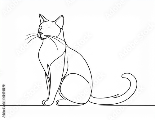 Single continuous line art drawing of a sitting cat. Minimalist pet portrait vector illustration in a simple elegant style.